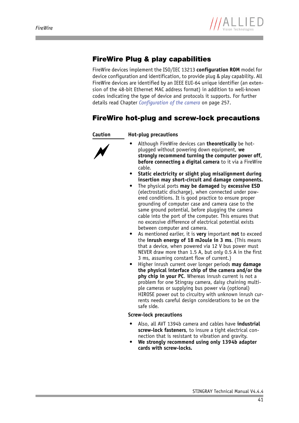 Firewire plug & play capabilities, Firewire hot-plug and screw-lock precautions, Chapter | ALLIED Vision Technologies Stingray F-504 User Manual | Page 42 / 355