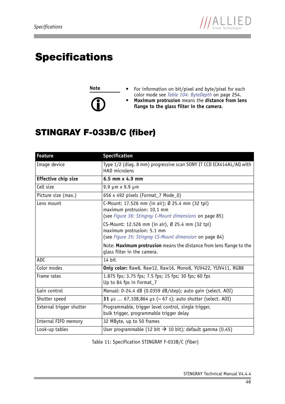 Specifications, Stingray f-033b/c (fiber), Bles in chapter | Utter speeds in chapter, 0) in chapter, E chapter, See chapter, In chapter, Chapter | ALLIED Vision Technologies Stingray F-504 User Manual | Page 48 / 355