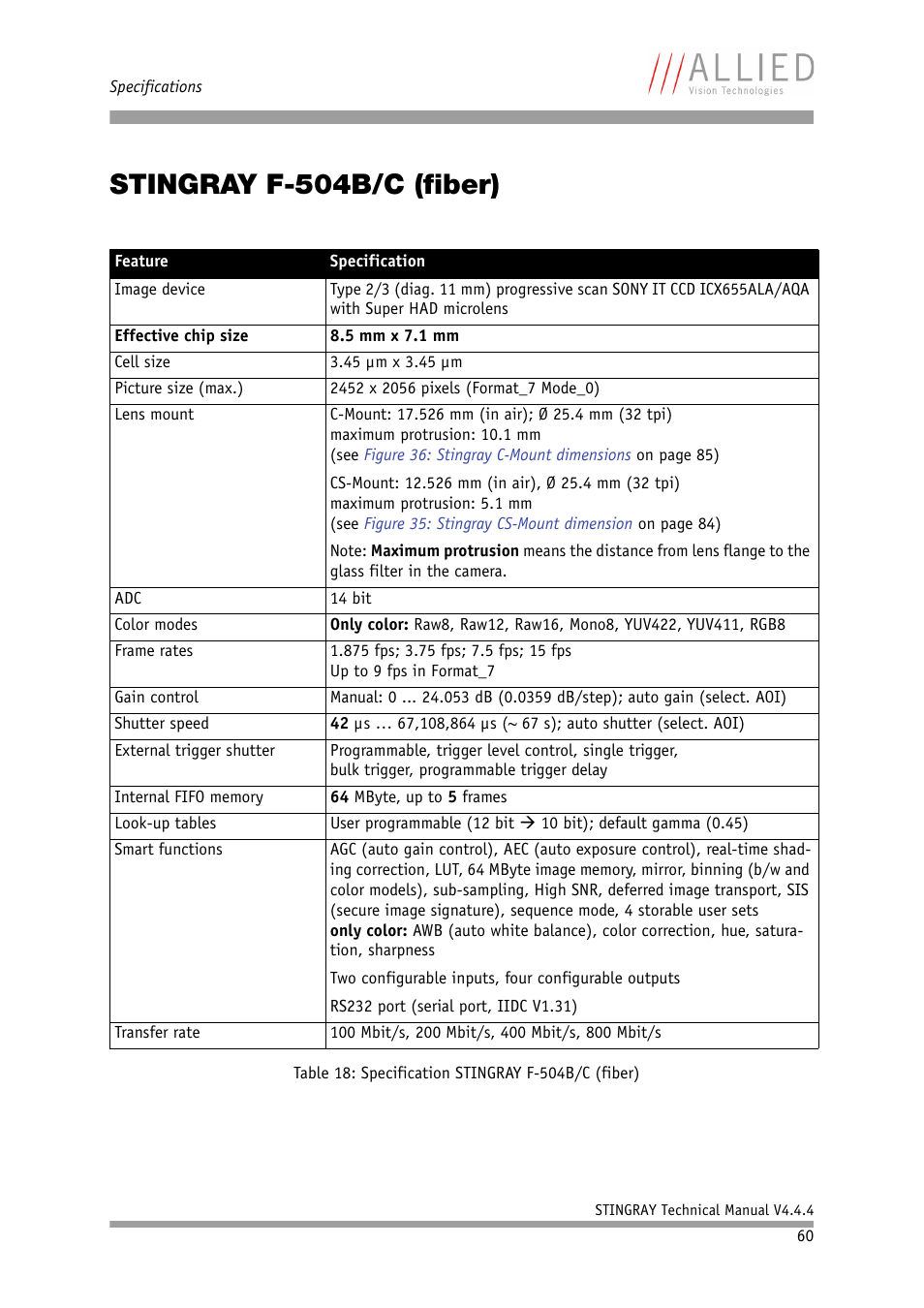 Stingray f-504b/c (fiber), Table 18: specification stingray f-504b/c (fiber), Table 18: specification sting | Ray f-504b/c (fiber), Chapter | ALLIED Vision Technologies Stingray F-504 User Manual | Page 62 / 355