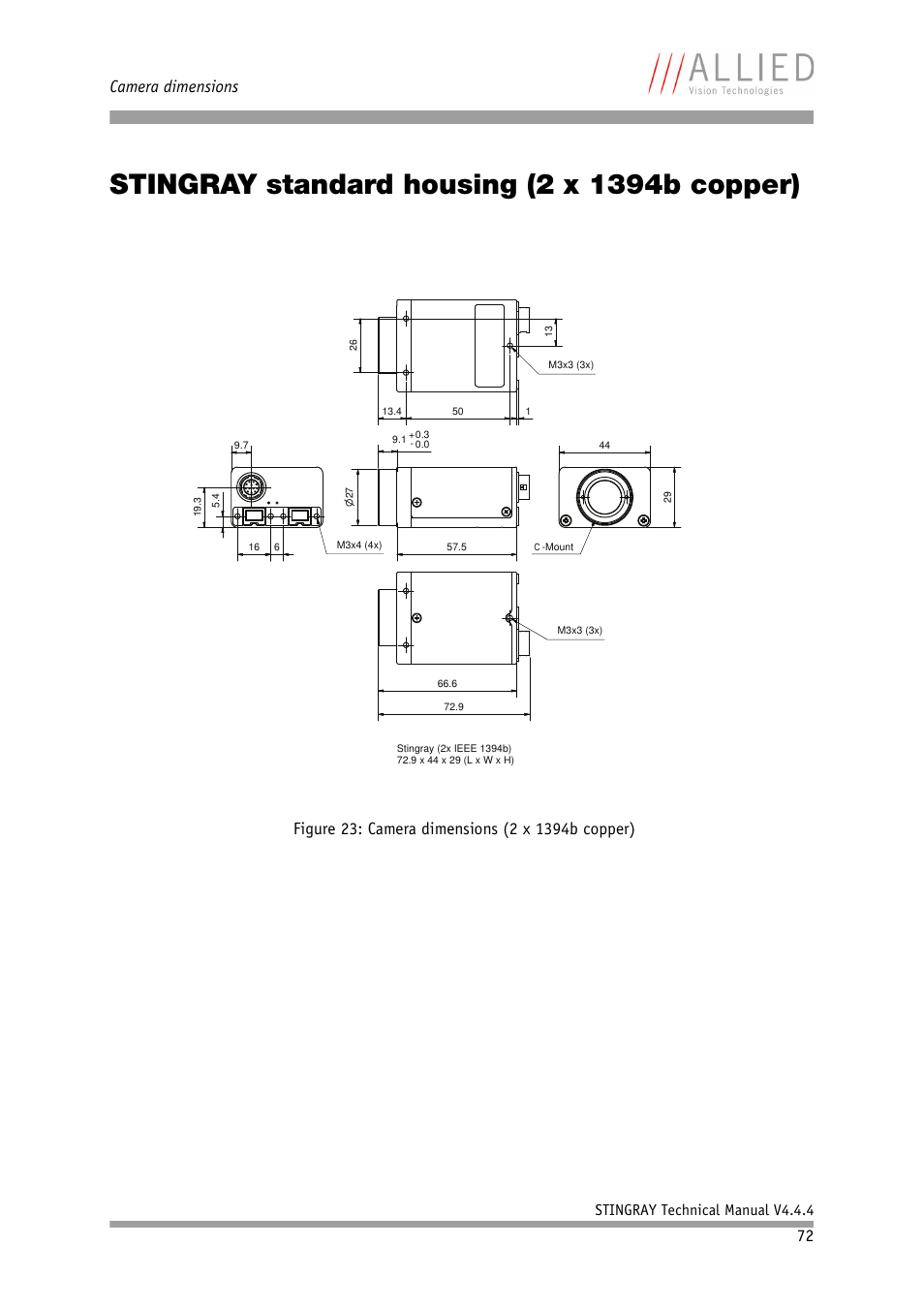 Stingray standard housing (2 x 1394b copper), Camera dimensions, Stingray technical manual v4.4.4 | ALLIED Vision Technologies Stingray F-504 User Manual | Page 74 / 355