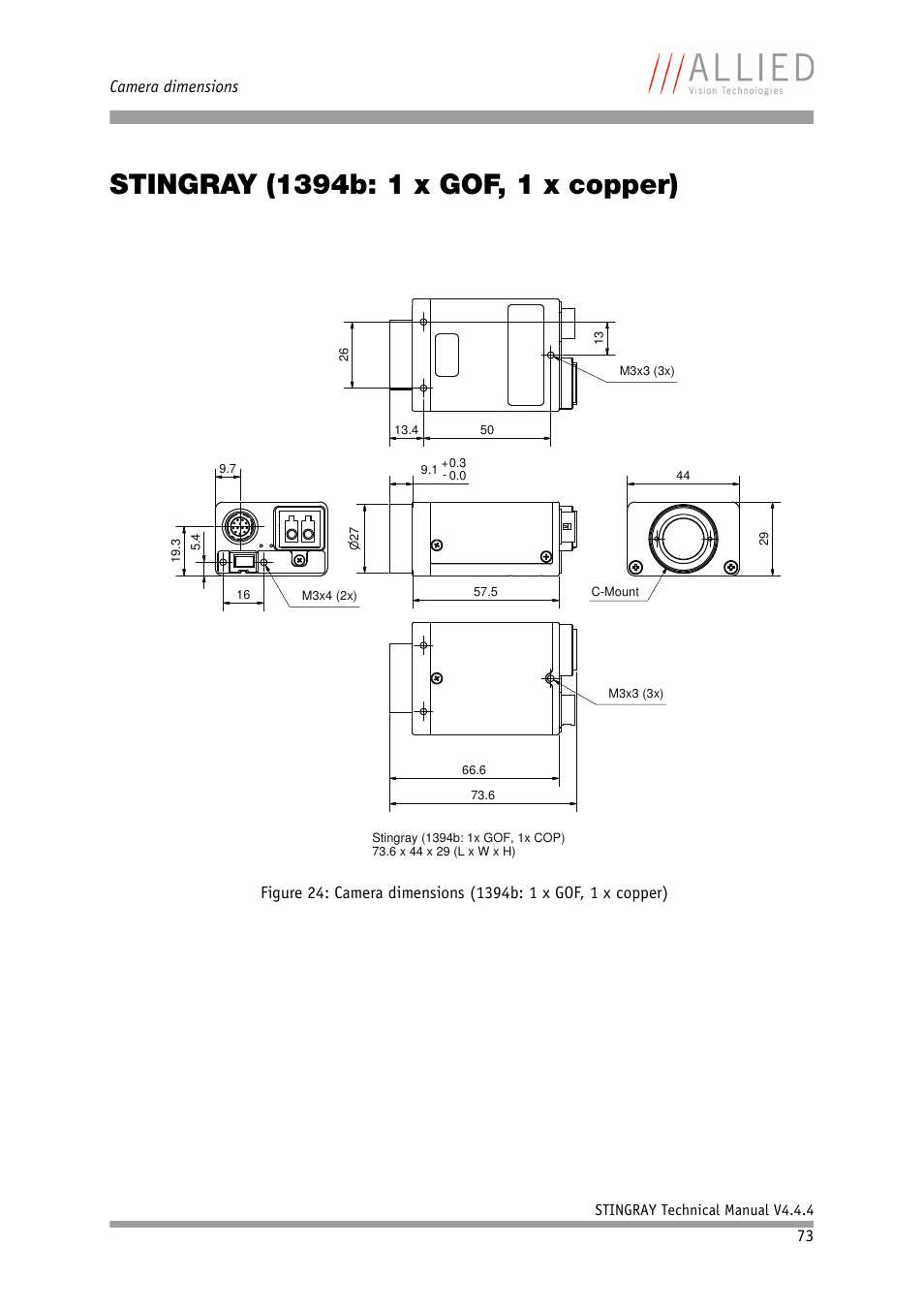 Stingray (1394b: 1 x gof, 1 x copper), Camera dimensions | ALLIED Vision Technologies Stingray F-504 User Manual | Page 75 / 355