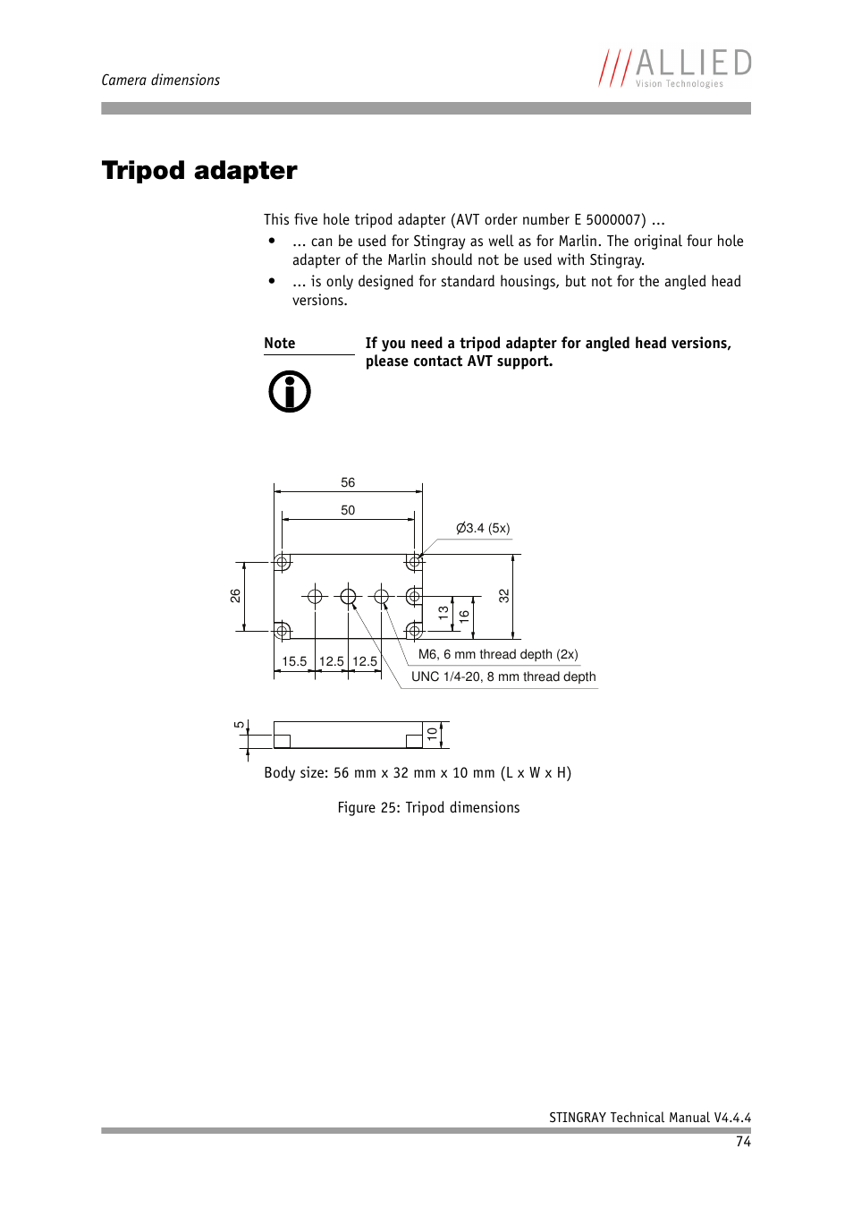 Tripod adapter, Figure 25: tripod dimensions | ALLIED Vision Technologies Stingray F-504 User Manual | Page 76 / 355
