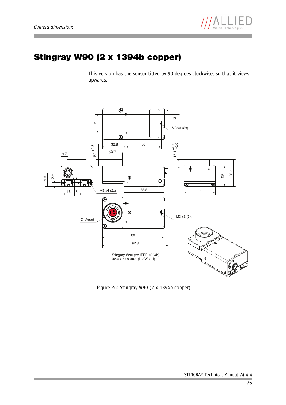 Stingray w90 (2 x 1394b copper), Camera dimensions | ALLIED Vision Technologies Stingray F-504 User Manual | Page 77 / 355