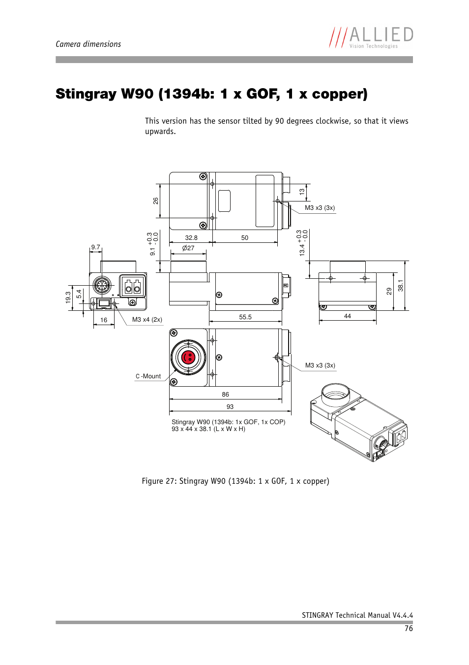 Stingray w90 (1394b: 1 x gof, 1 x copper), Camera dimensions | ALLIED Vision Technologies Stingray F-504 User Manual | Page 78 / 355