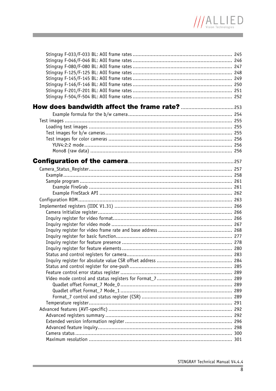 How does bandwidth affect the frame rate, Configuration of the camera | ALLIED Vision Technologies Stingray F-504 User Manual | Page 8 / 355