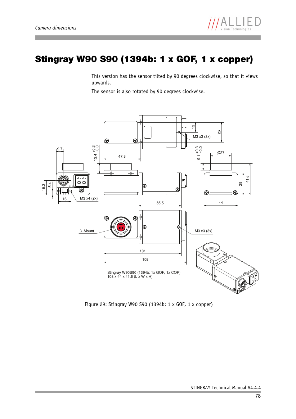 Stingray w90 s90 (1394b: 1 x gof, 1 x copper), Camera dimensions | ALLIED Vision Technologies Stingray F-504 User Manual | Page 80 / 355