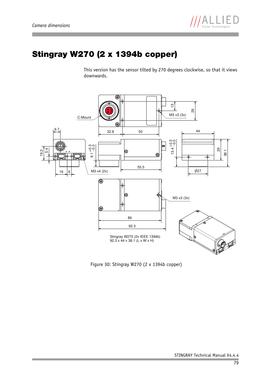 Stingray w270 (2 x 1394b copper), Camera dimensions | ALLIED Vision Technologies Stingray F-504 User Manual | Page 81 / 355