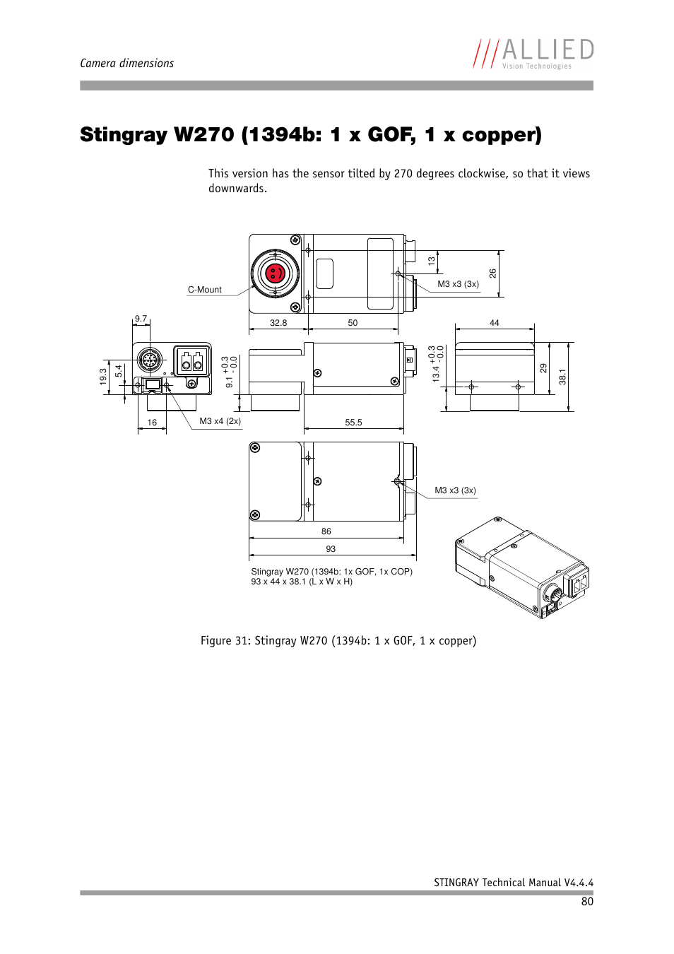 Stingray w270 (1394b: 1 x gof, 1 x copper), Camera dimensions | ALLIED Vision Technologies Stingray F-504 User Manual | Page 82 / 355