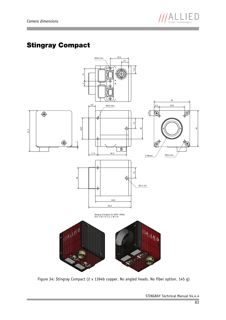 Stingray compact, Chapter, Camera dimensions | Stingray technical manual v4.4.4 | ALLIED Vision Technologies Stingray F-504 User Manual | Page 85 / 355