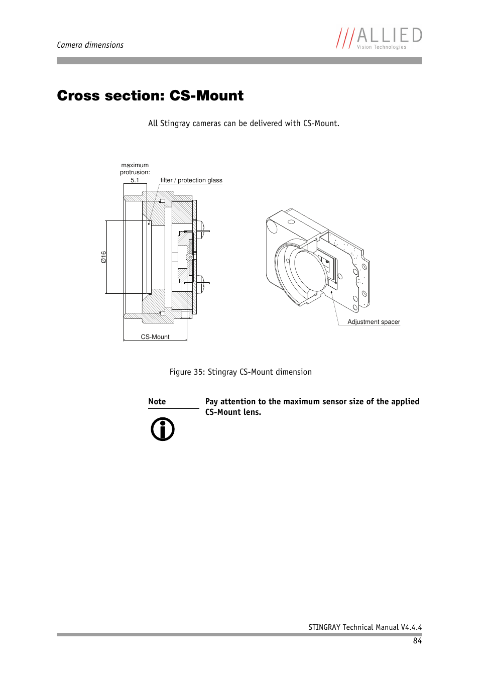 Cross section: cs-mount, Figure 35, Stingray cs-mount dimension | Gs in, Figure 35: stingray cs-mount, Dimension, Figure 35: stingray cs-mount dimension | ALLIED Vision Technologies Stingray F-504 User Manual | Page 86 / 355