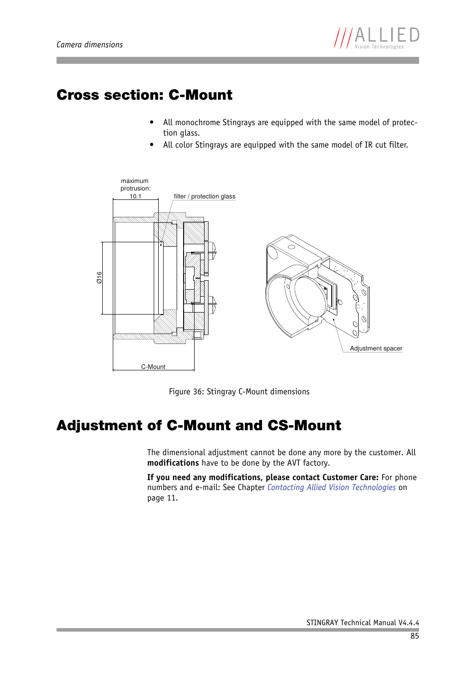 Cross section: c-mount, Adjustment of c-mount and cs-mount, Figure 36 | Stingray c-mount dimensions, Figure 36: stingray c-mount, Dimensions, See chapter, Figure 36: stingray c-mount dimensions | ALLIED Vision Technologies Stingray F-504 User Manual | Page 87 / 355