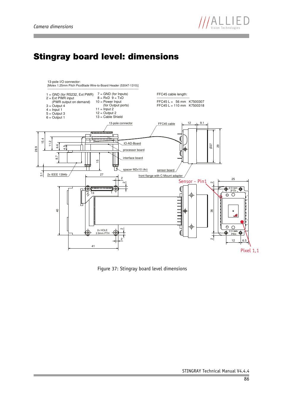 Stingray board level: dimensions, Figure 37: stingray board level dimensions, Camera dimensions | Pixel 1,1 sensor - pin1, Stingray technical manual v4.4.4 | ALLIED Vision Technologies Stingray F-504 User Manual | Page 88 / 355