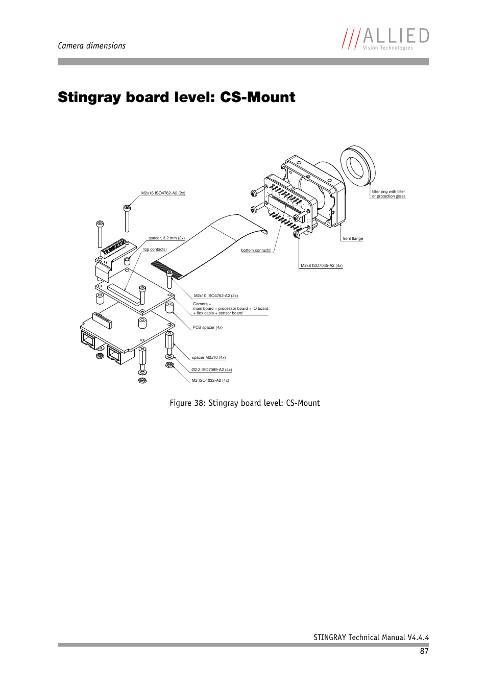Stingray board level: cs-mount, Figure 38: stingray board level: cs-mount, Camera dimensions | Stingray technical manual v4.4.4 | ALLIED Vision Technologies Stingray F-504 User Manual | Page 89 / 355
