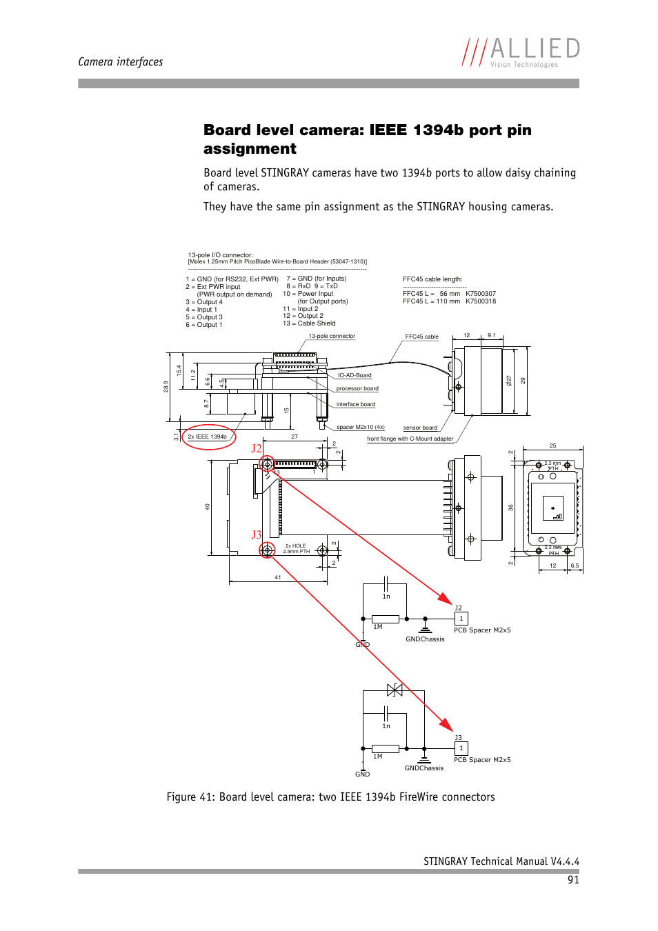 Board level camera: ieee 1394b port pin assignment, D chapter, Board level camera: ieee 1394b port pin assign | Ment, Figure 41: board level camera: two ieee 1394b, Firewire connectors, Camera interfaces, J2 j3, Stingray technical manual v4.4.4 | ALLIED Vision Technologies Stingray F-504 User Manual | Page 93 / 355