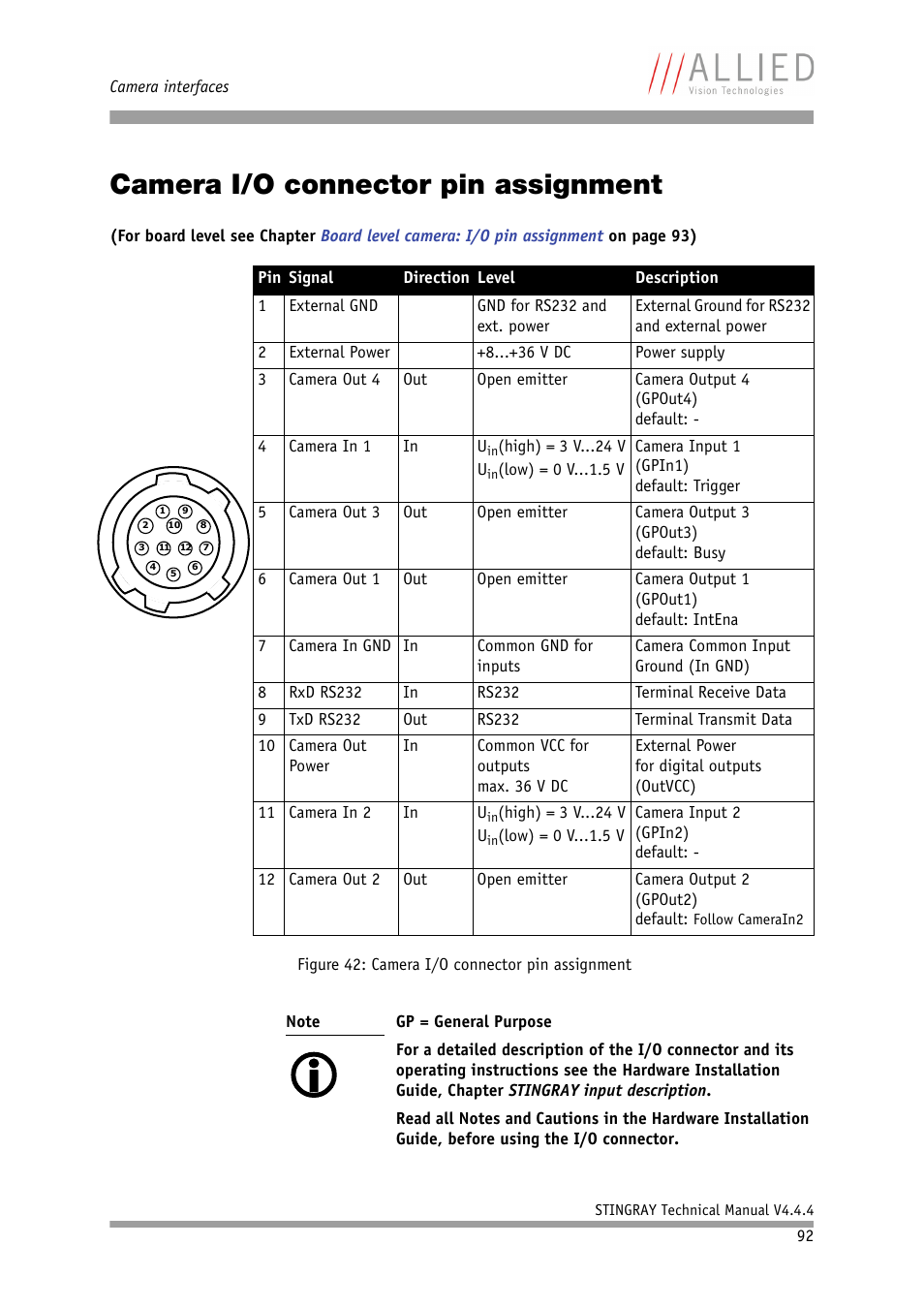 Camera i/o connector pin assignment, E in chapter, Camera i/o connector | Pin assignment, Chapter, Camera i/o con, Nector pin assignment | ALLIED Vision Technologies Stingray F-504 User Manual | Page 94 / 355