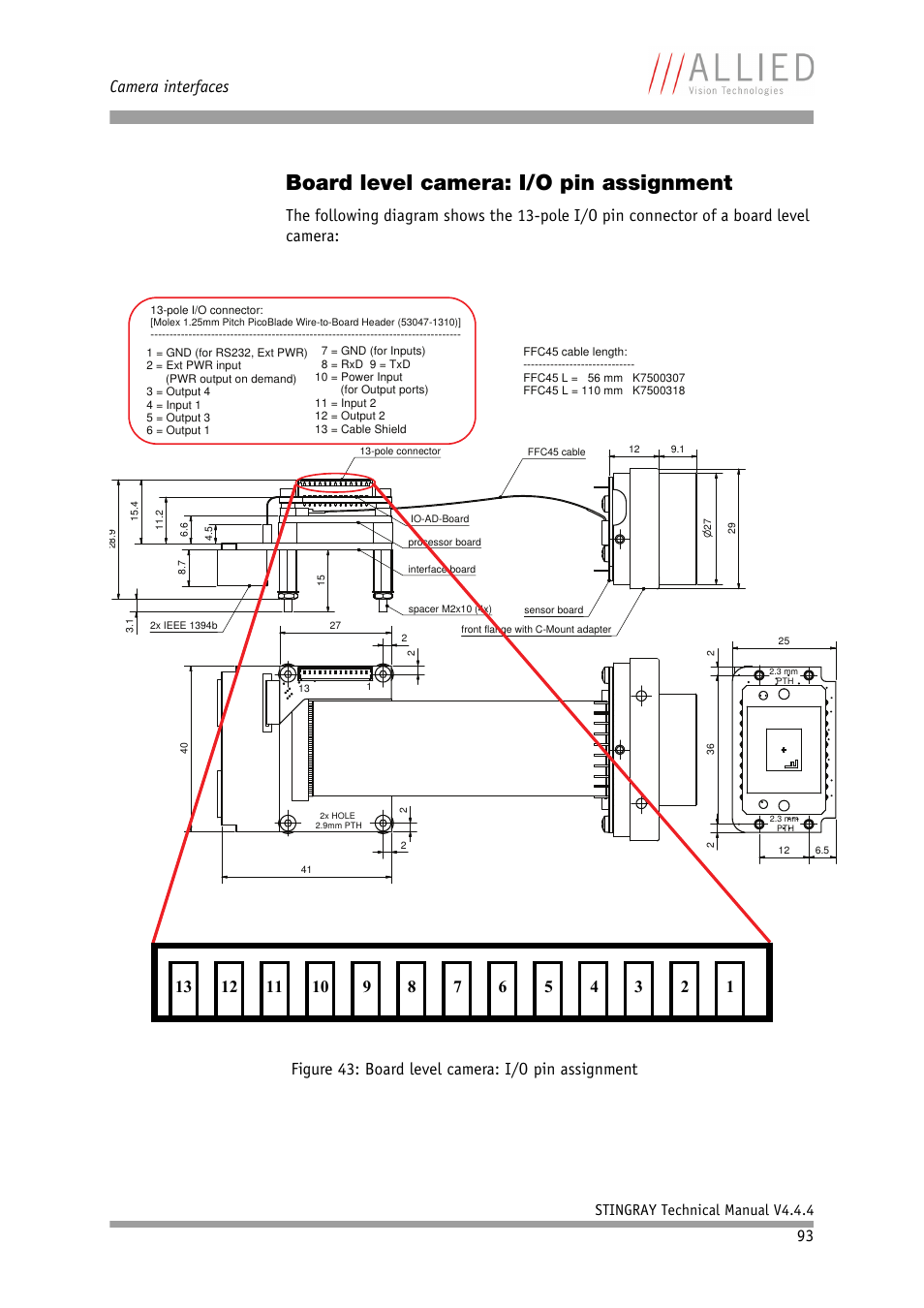 Board level camera: i/o pin assignment, D chapter, Figure 43: board level | Camera: i/o pin assignment, Figure 43: board level camera: i/o pin assignment, Camera interfaces, Stingray technical manual v4.4.4 | ALLIED Vision Technologies Stingray F-504 User Manual | Page 95 / 355