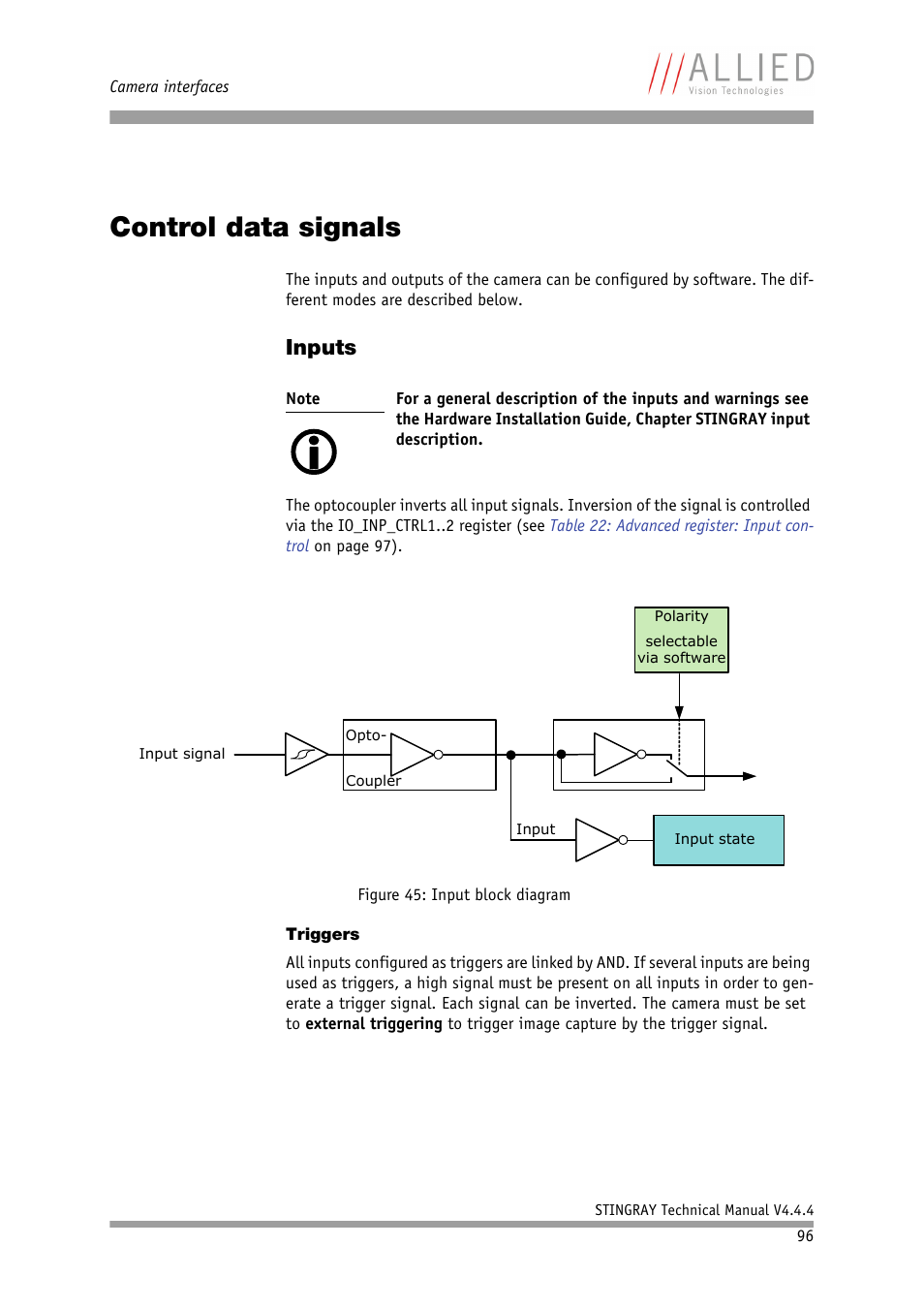 Control data signals, Inputs, Triggers | Control and video data signals | ALLIED Vision Technologies Stingray F-504 User Manual | Page 98 / 355