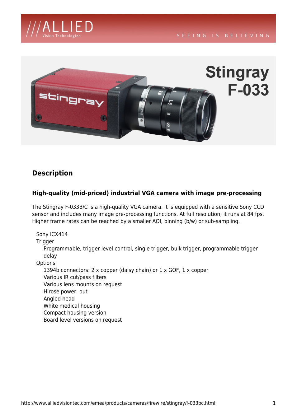 ALLIED Vision Technologies Stingray F-033 User Manual | 4 pages