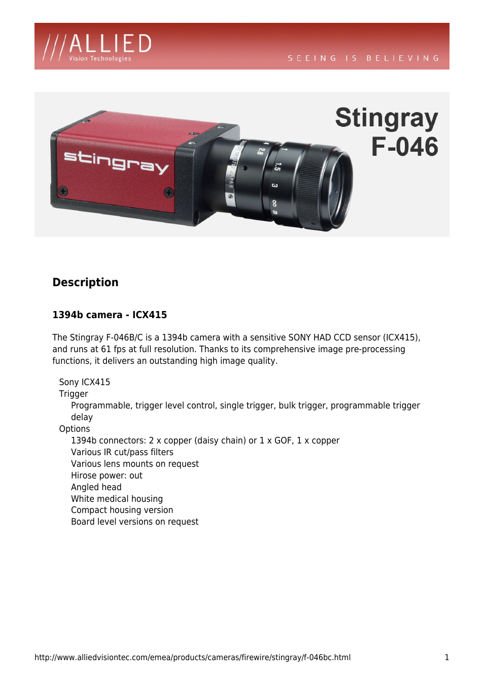 ALLIED Vision Technologies Stingray F-046 User Manual | 4 pages