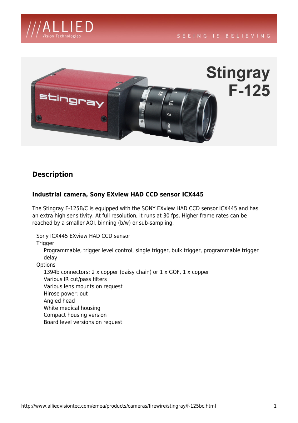 ALLIED Vision Technologies Stingray F-125 User Manual | 4 pages