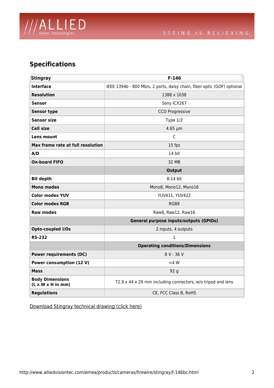 Specifications | ALLIED Vision Technologies Stingray F-146 User Manual | Page 2 / 4