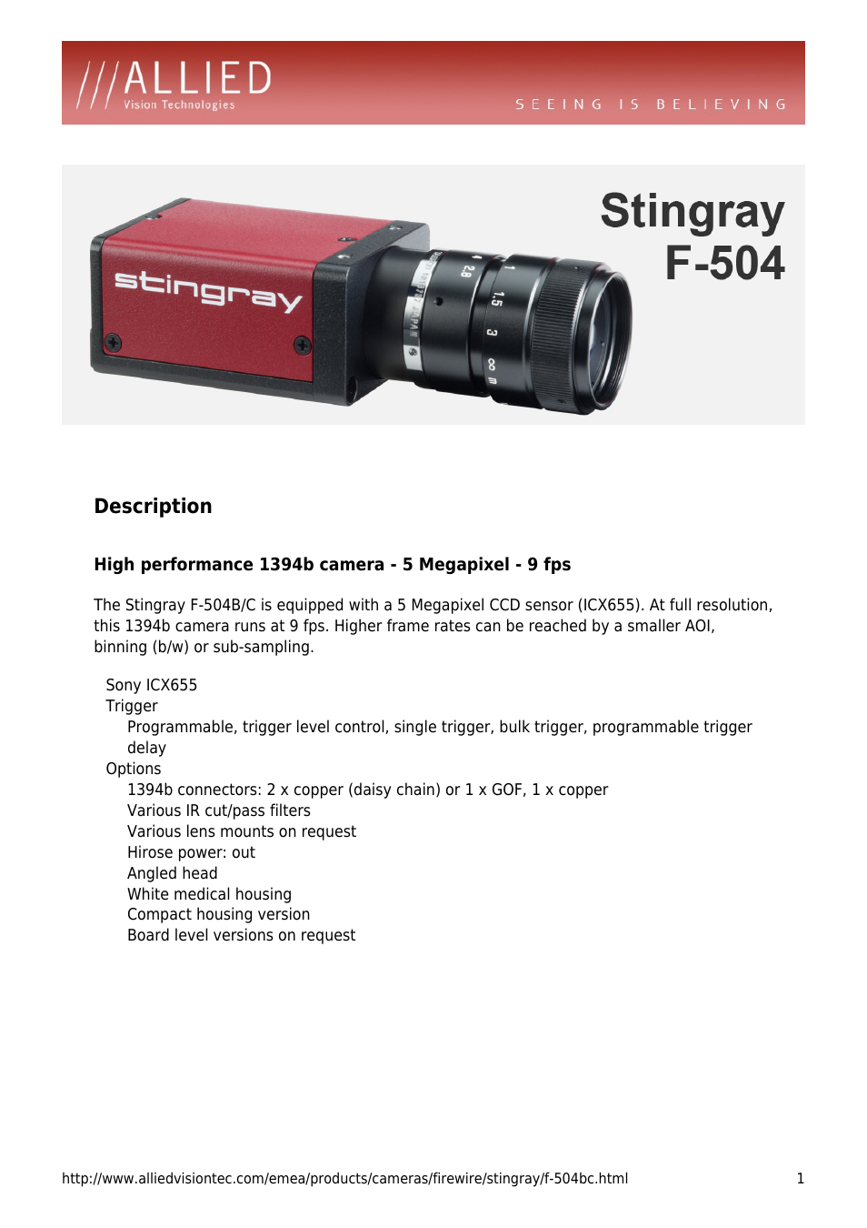 ALLIED Vision Technologies Stingray F-504 User Manual | 4 pages