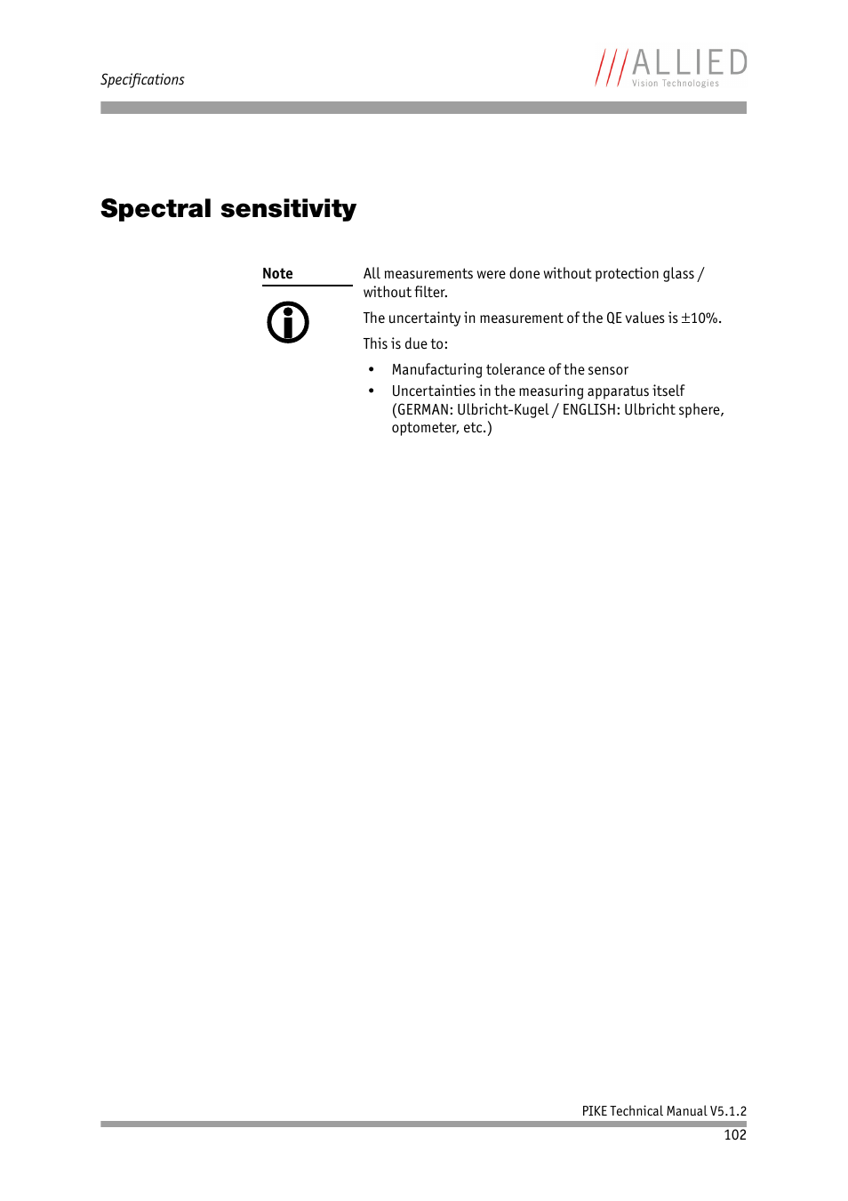 Spectral sensitivity, Chapter | ALLIED Vision Technologies Pike F-1600 User Manual | Page 102 / 391