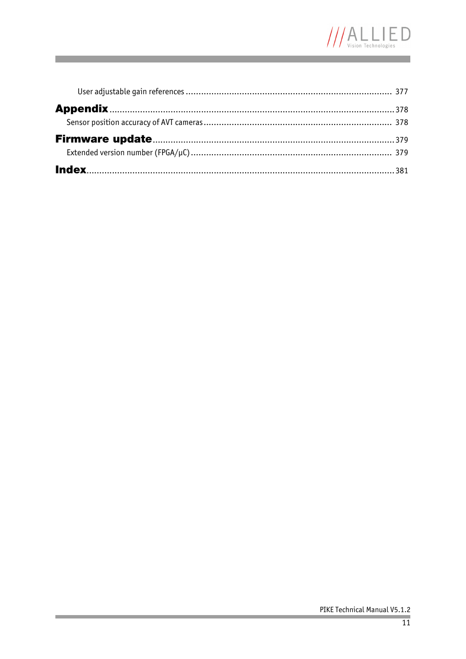 Appendix, Firmware update, Index | ALLIED Vision Technologies Pike F-1600 User Manual | Page 11 / 391