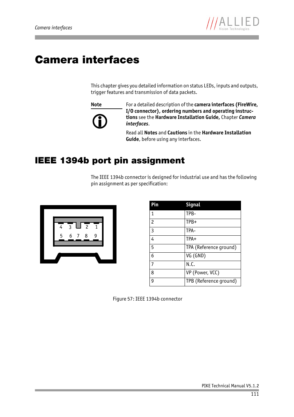 Camera interfaces, Ieee 1394b port pin assignment, Chapter | ALLIED Vision Technologies Pike F-1600 User Manual | Page 111 / 391