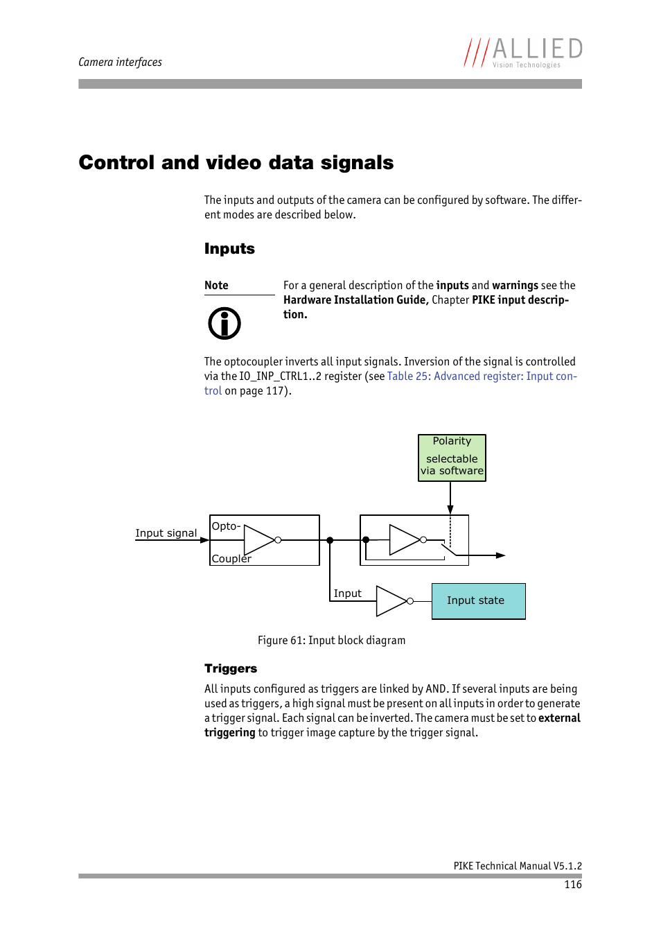 Control and video data signals, Inputs, Triggers | ALLIED Vision Technologies Pike F-1600 User Manual | Page 116 / 391