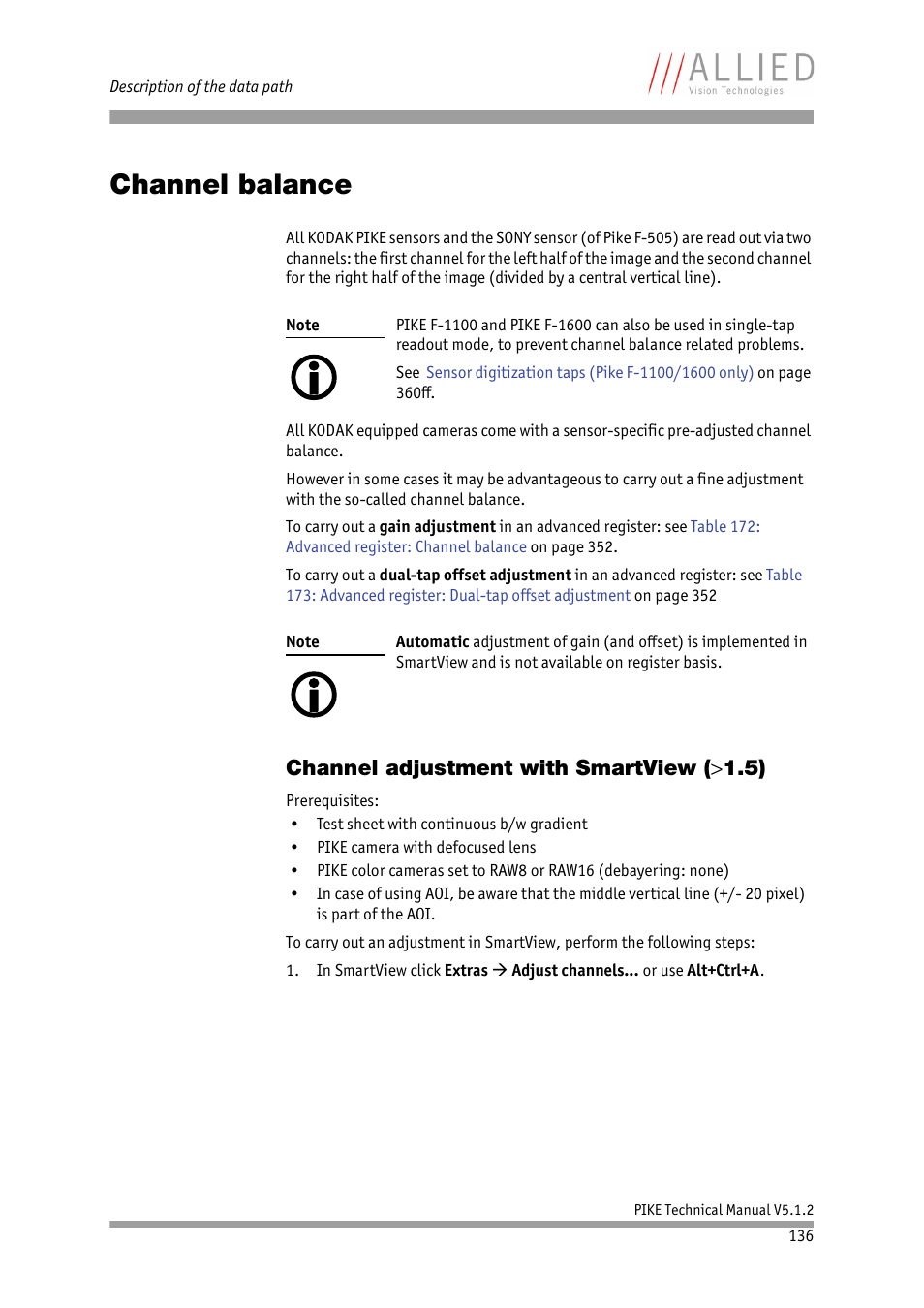 Channel balance, Channel adjustment with smartview (>1.5), Channel adjustment with smartview | ALLIED Vision Technologies Pike F-1600 User Manual | Page 136 / 391