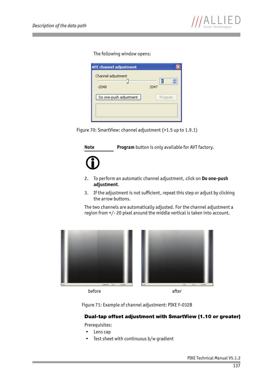 Chapter, Dual-tap offset adjustment with smartview, 10 or greater) | Dual-tap offset adjustment with smartview (1.10, Or greater), Dual-tap offset, Adjustment with smartview (1.10 or greater) | ALLIED Vision Technologies Pike F-1600 User Manual | Page 137 / 391