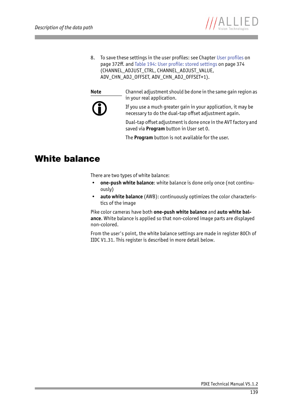 White balance, Vised chapter | ALLIED Vision Technologies Pike F-1600 User Manual | Page 139 / 391