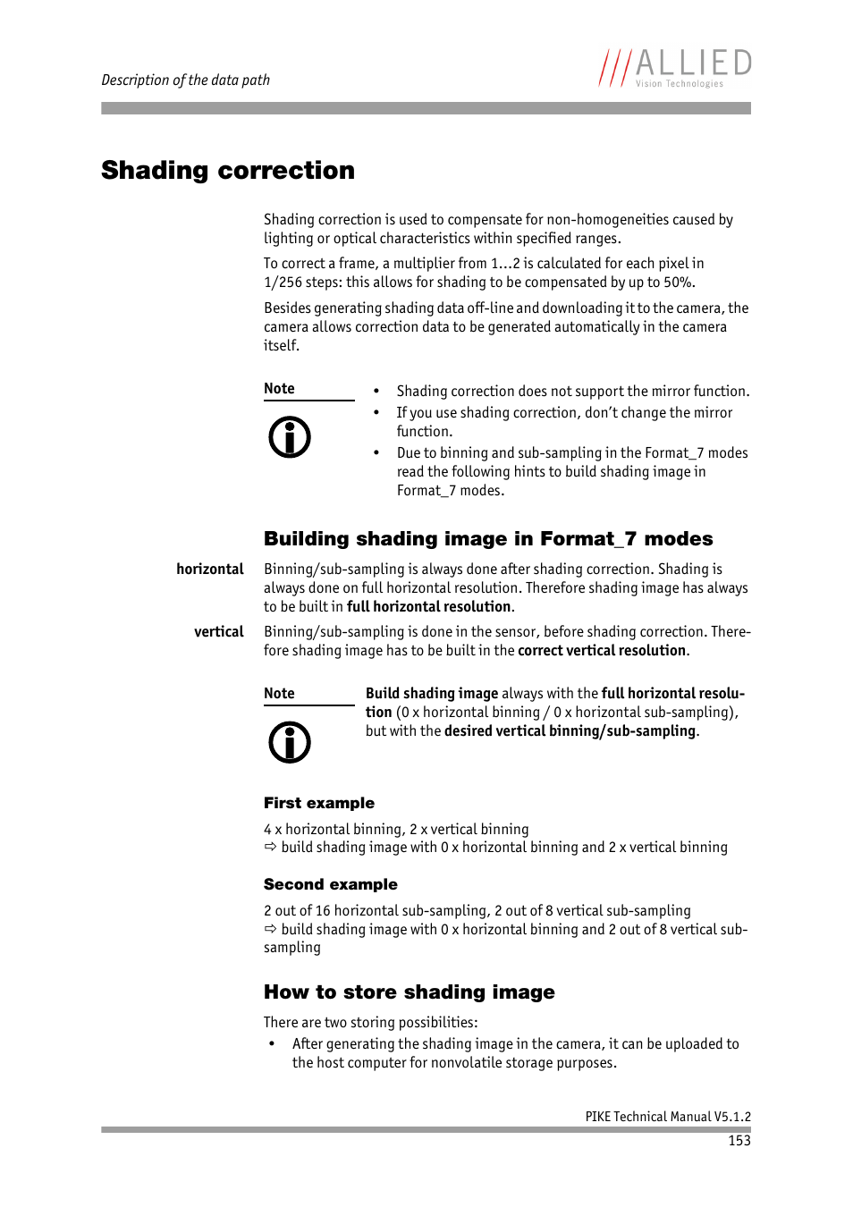 Shading correction, Building shading image in format_7 modes, First example | Second example, How to store shading image, First example second example | ALLIED Vision Technologies Pike F-1600 User Manual | Page 153 / 391