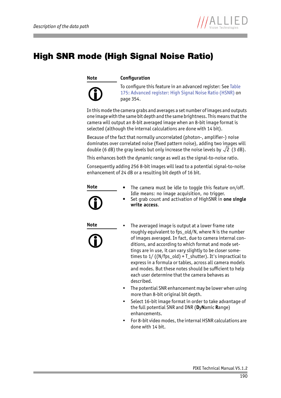 High snr mode (high signal noise ratio), A in chapter, High snr mode (high | Signal noise ratio), Chapter | ALLIED Vision Technologies Pike F-1600 User Manual | Page 190 / 391