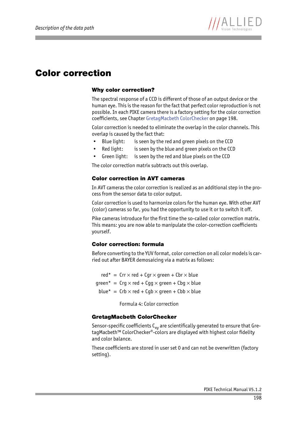 Color correction, Why color correction, Color correction in avt cameras | Color correction: formula, Gretagmacbeth colorchecker | ALLIED Vision Technologies Pike F-1600 User Manual | Page 198 / 391