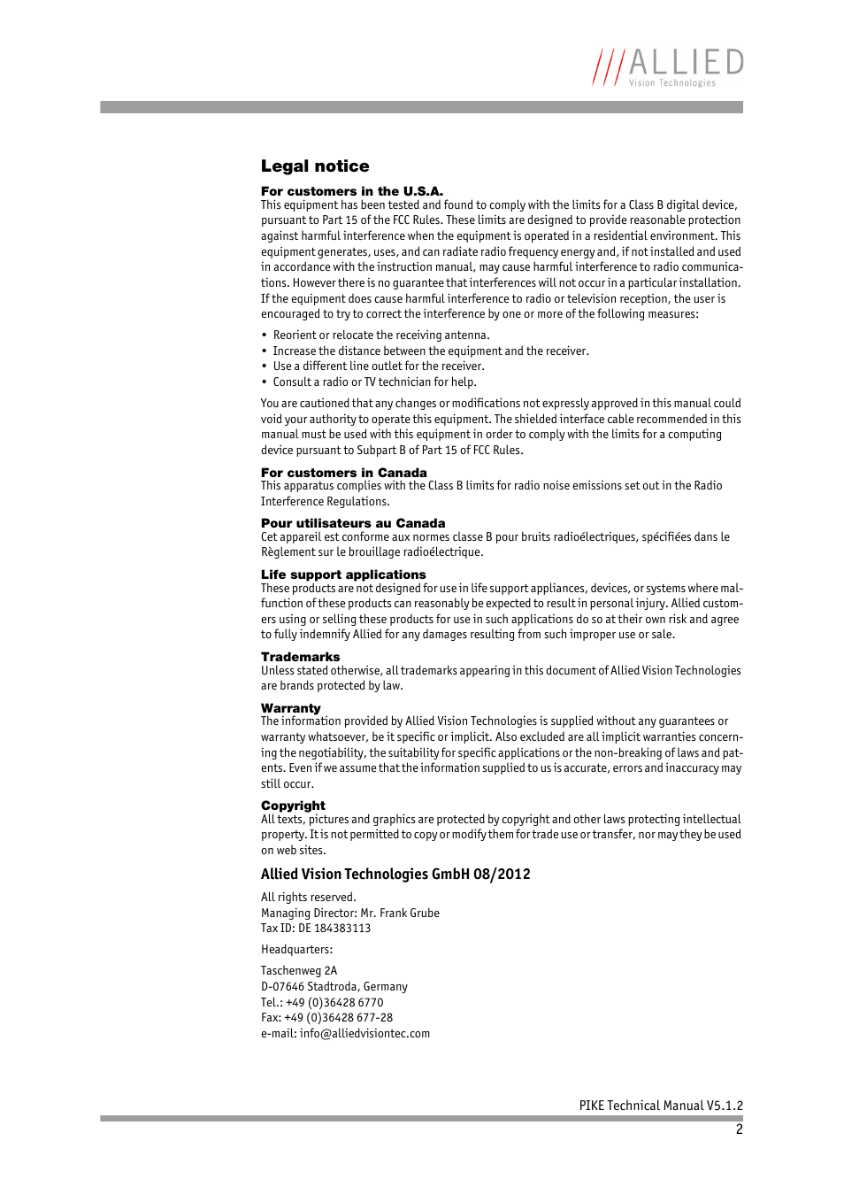 Legal notice | ALLIED Vision Technologies Pike F-1600 User Manual | Page 2 / 391