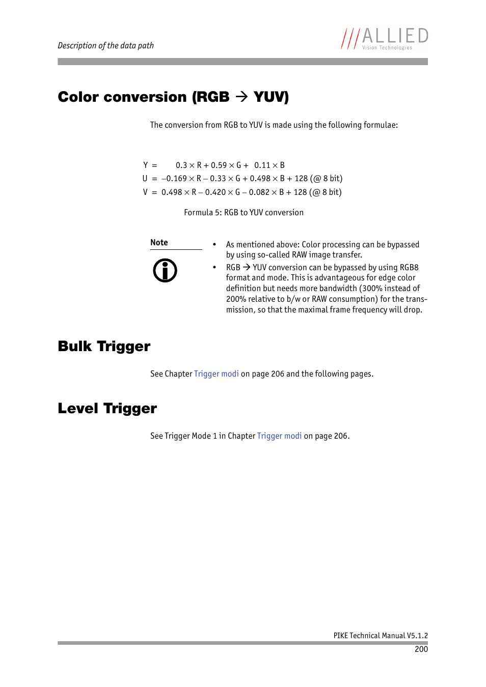 Color conversion (rgb à yuv), Bulk trigger, Level trigger | Color conversion (rgb, Bulk trigger level trigger, Color conversion (rgb  yuv) | ALLIED Vision Technologies Pike F-1600 User Manual | Page 200 / 391
