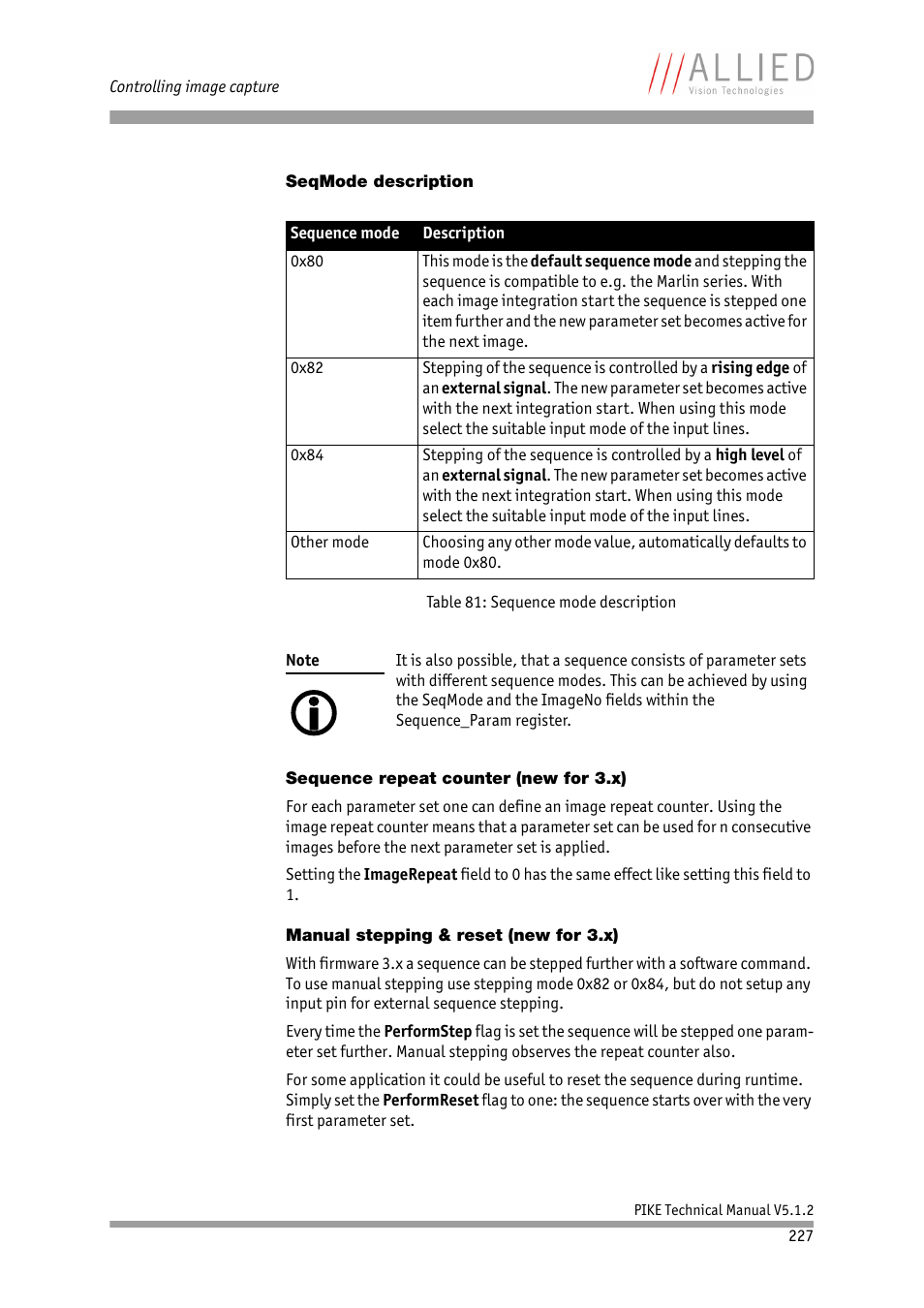 Seqmode description, Sequence repeat counter (new for 3.x), Manual stepping & reset (new for 3.x) | ALLIED Vision Technologies Pike F-1600 User Manual | Page 227 / 391