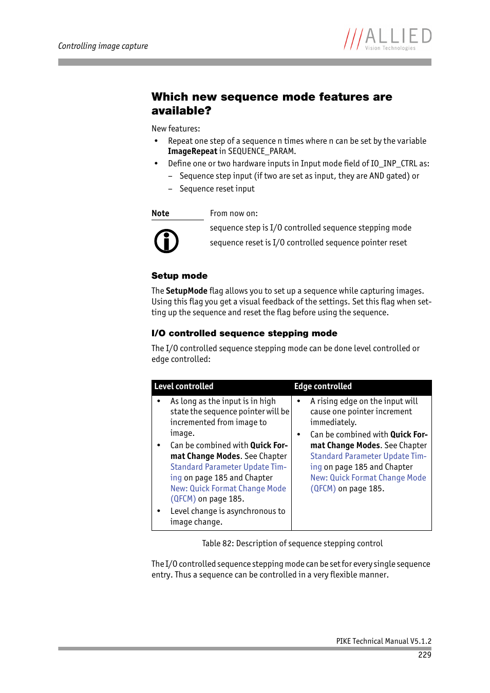 Which new sequence mode features are available, Setup mode, I/o controlled sequence stepping mode | Setup mode i/o controlled sequence stepping mode | ALLIED Vision Technologies Pike F-1600 User Manual | Page 229 / 391