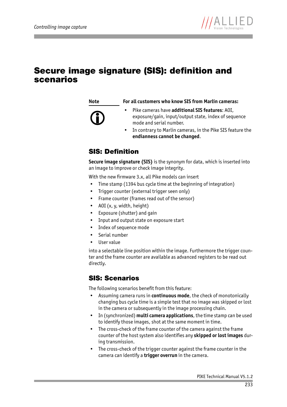 Sis: definition, Sis: scenarios, Sis: definition sis: scenarios | Is: see chapter, Secure image signature (sis): definition, And scenarios | ALLIED Vision Technologies Pike F-1600 User Manual | Page 233 / 391