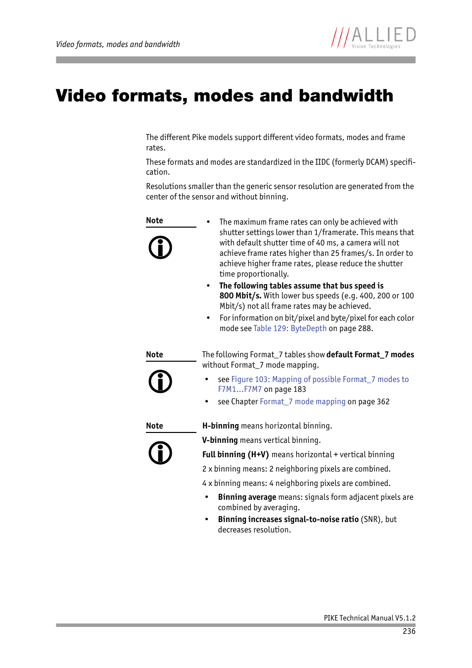 Video formats, modes and bandwidth, Chapter, Vised chapter | ALLIED Vision Technologies Pike F-1600 User Manual | Page 236 / 391