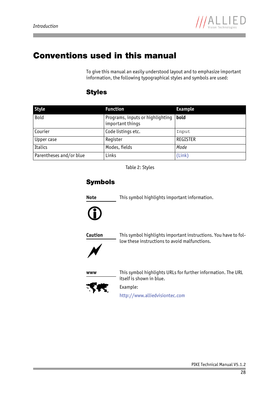 Conventions used in this manual, Styles, Symbols | Styles symbols | ALLIED Vision Technologies Pike F-1600 User Manual | Page 28 / 391