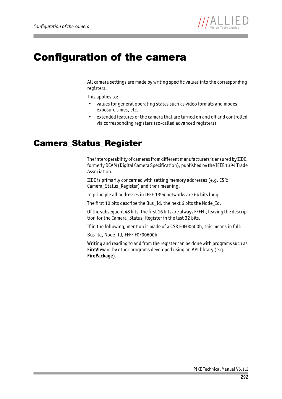 Configuration of the camera, Camera_status_register, Vised chapter | Chapter | ALLIED Vision Technologies Pike F-1600 User Manual | Page 292 / 391