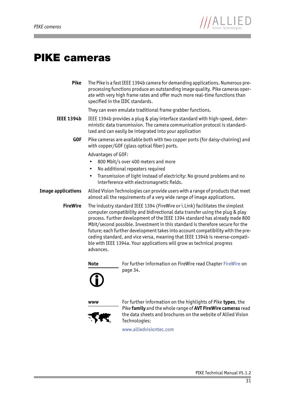 Pike cameras, To chapter, Pike | Cameras, Chapter | ALLIED Vision Technologies Pike F-1600 User Manual | Page 31 / 391