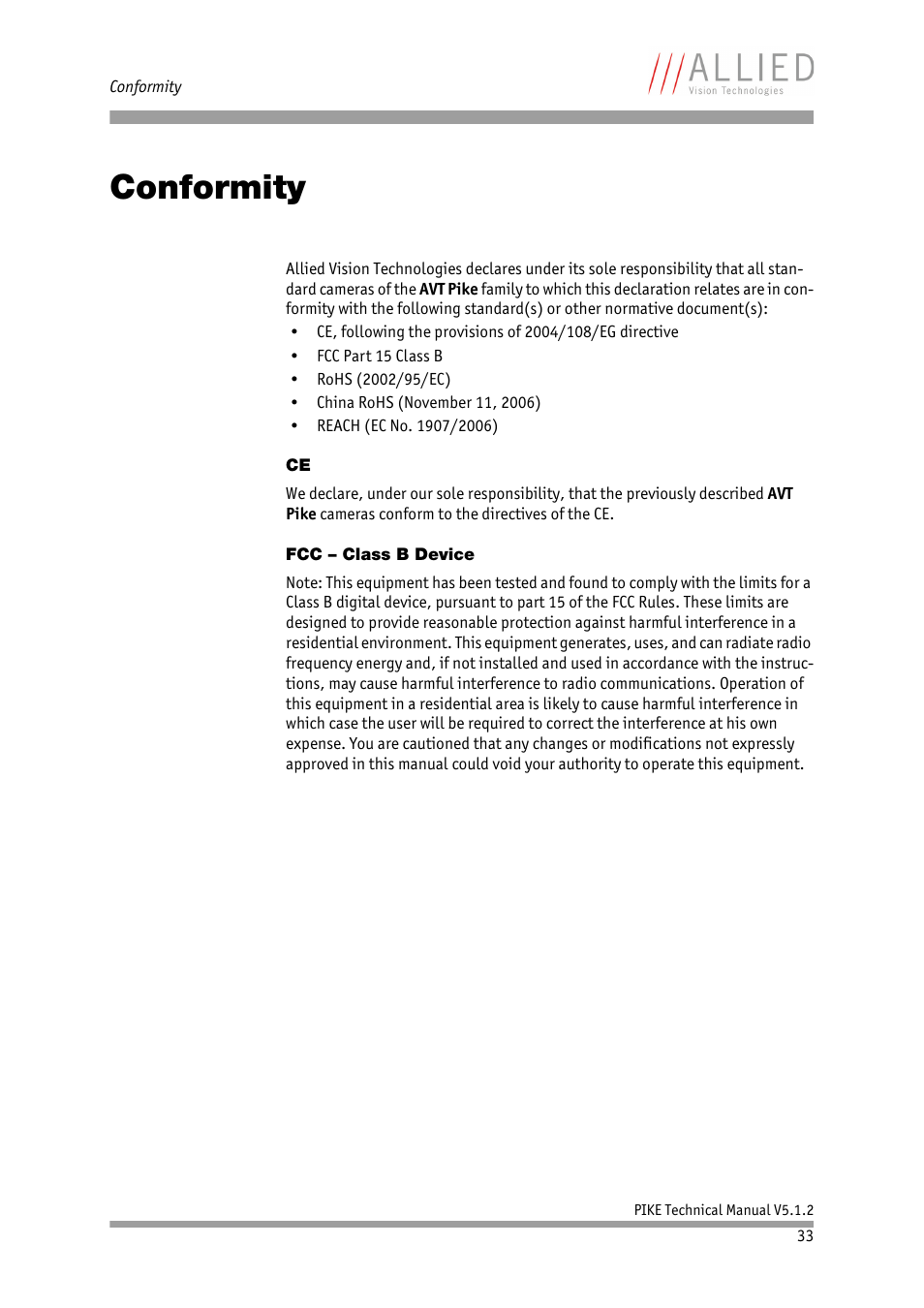 Conformity, Fcc – class b device, Ce fcc – class b device | In chapter, G in chapter, Confor, Mity, Hs in chapter, Ised chapter, Chapter | ALLIED Vision Technologies Pike F-1600 User Manual | Page 33 / 391