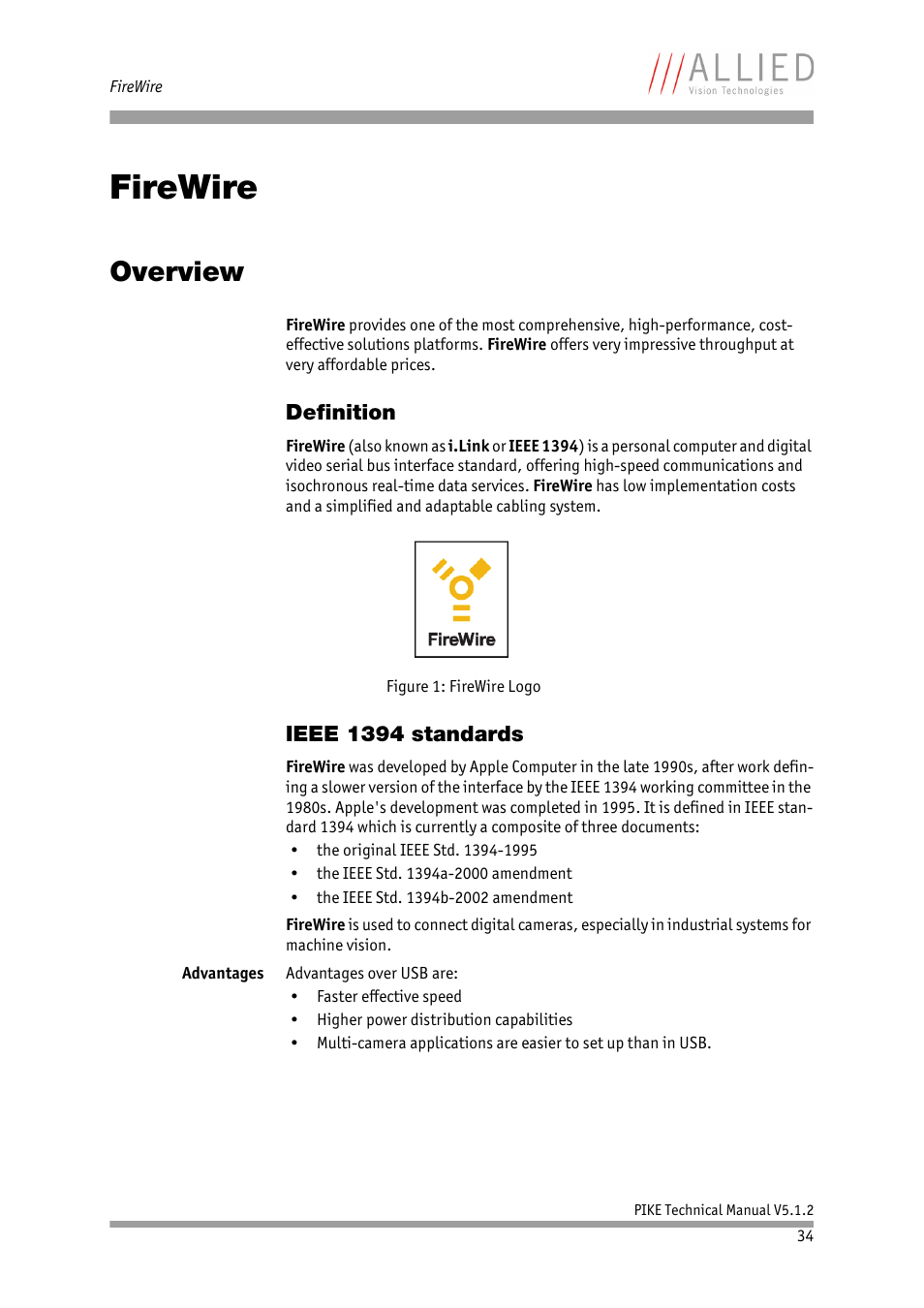 Firewire, Overview, Definition | Ieee 1394 standards, Definition ieee 1394 standards, Chapter, On firewire read chapter | ALLIED Vision Technologies Pike F-1600 User Manual | Page 34 / 391