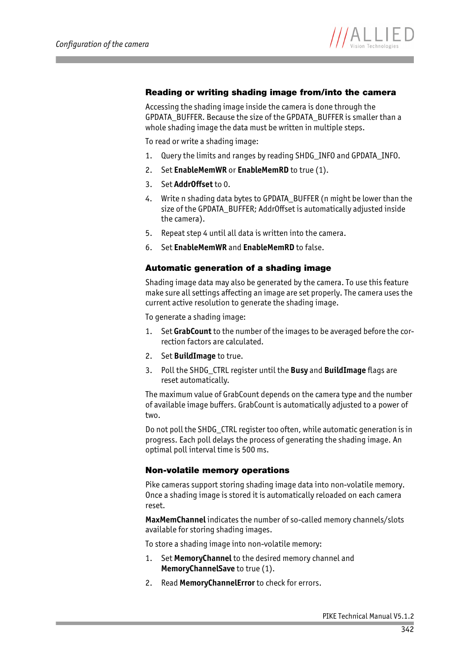 Automatic generation of a shading image, Non-volatile memory operations, Chapter | Ee also chapter, Reading or writing shading image from/into, The camera | ALLIED Vision Technologies Pike F-1600 User Manual | Page 342 / 391