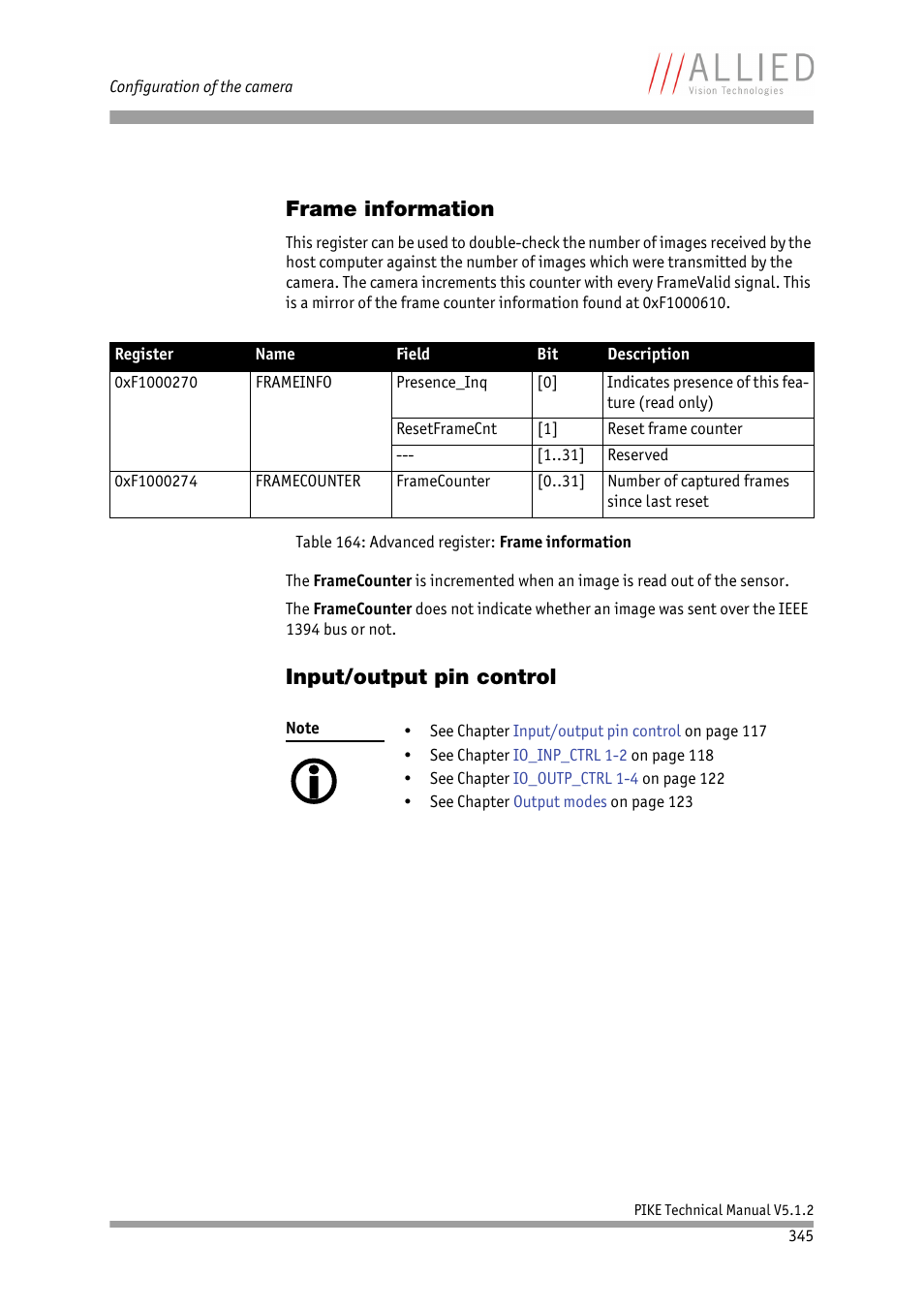 Frame information, Input/output pin control, Frame information input/output pin control | Table 164: advanced register: frame informa, Tion | ALLIED Vision Technologies Pike F-1600 User Manual | Page 345 / 391