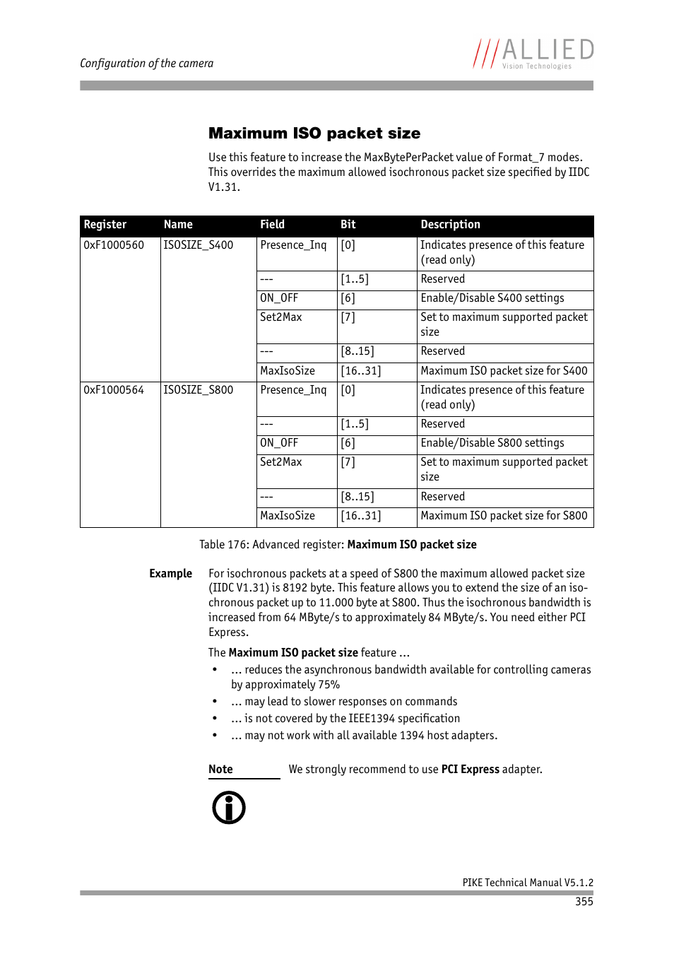 Maximum iso packet size, Ded chapter, Adapter in chapter | Chapter | ALLIED Vision Technologies Pike F-1600 User Manual | Page 355 / 391